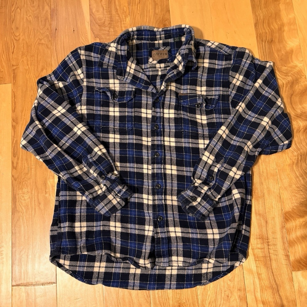 Orvis Flannel Shirt XL Blue Plaid Heavy Cotton Button Up Outdoor Mens